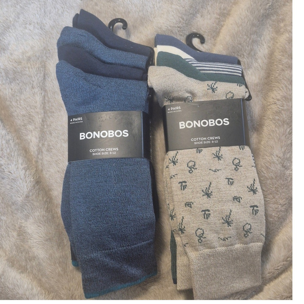 Bonobos Mens Cotton Crew Socks 8 Pairs Blue Tan Green Stripes Palm Size 6-12
